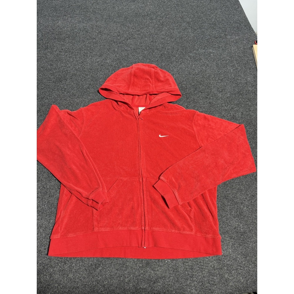 Nike XL Red‎ Velour Terry Cloth Full Zip Hoodie Sweatshirt Kids Size 18-20 Y2K